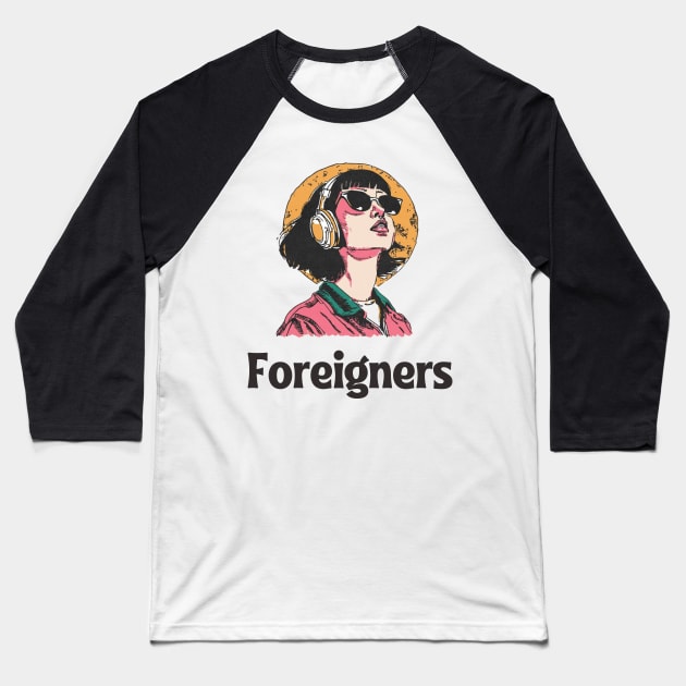 Women Listening To Foreigner Baseball T-Shirt by grayscalecoloring
